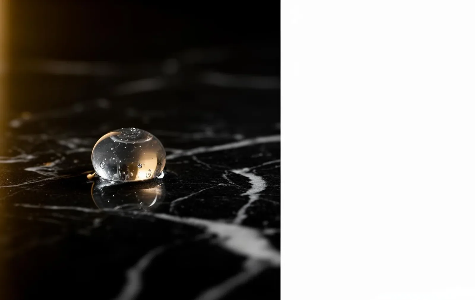 A single droplet of hyaluronic acid filler on polished black marble — Cosmedocs Harley Street lip filler precision dosing
