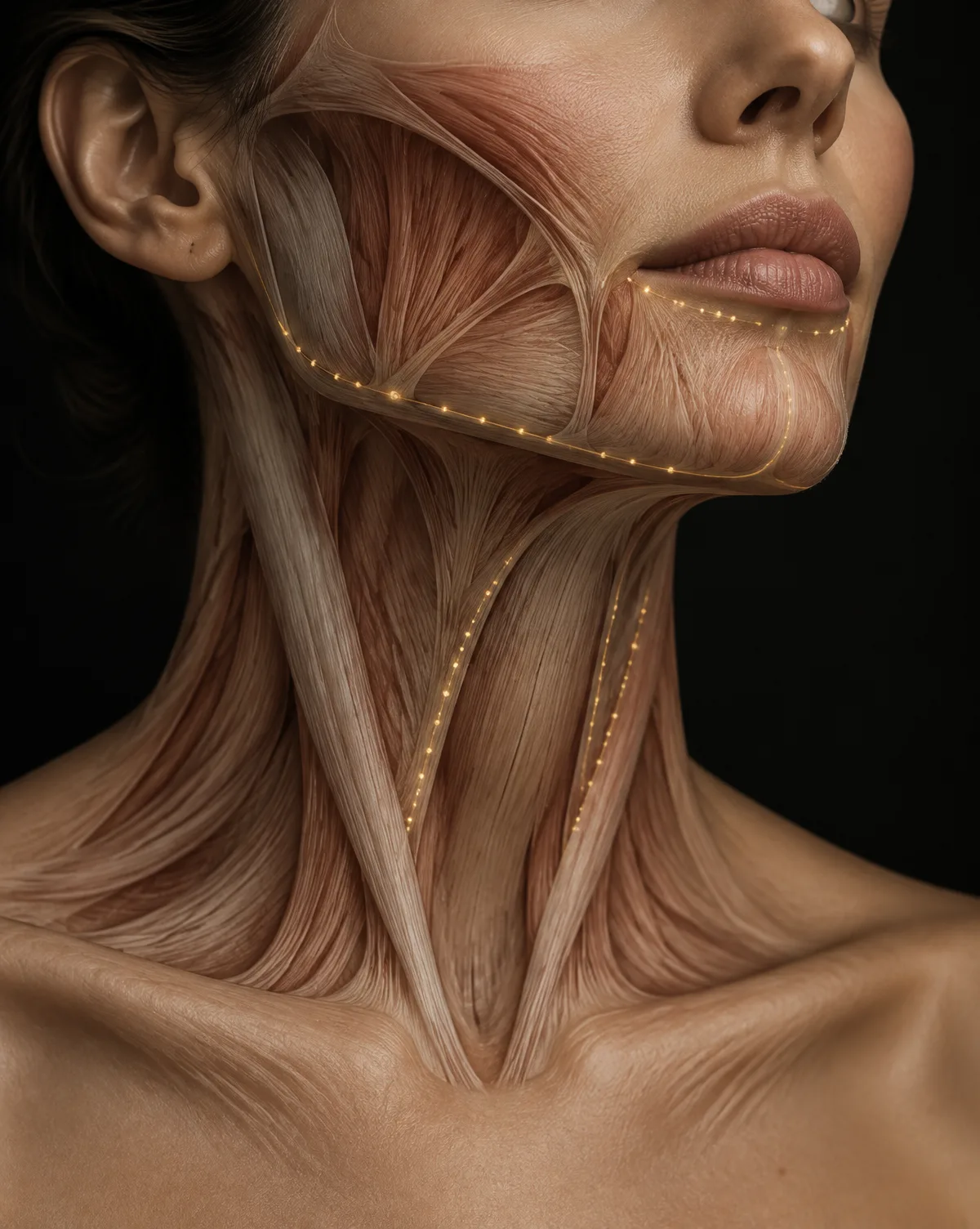Anatomical illustration showing the jawline, chin, neck and platysma areas considered for a Nefertiti Lift